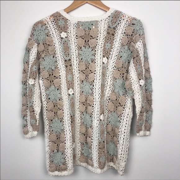 Vintage Hand Knit Neutral Floral Sweater Size M - Picture 5 of 5